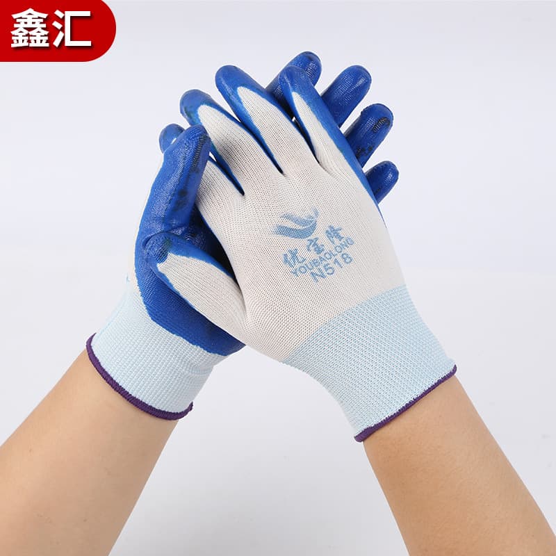 Wholesale labor protection fixed eye work dipped nitrile work nitrile gloves, wear-resistant anti-slip thickened nitrile labor rubber gloves.