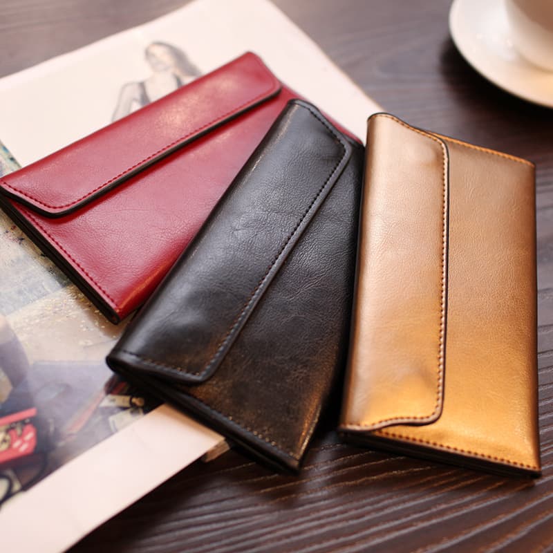 Long Leather Wallet for Women, Thin Buckle Clasp, Business Card Holder, Trendy European and American Brand, Cowhide, Simple Design with Money Clip