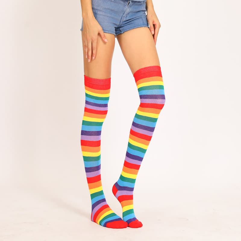 Red Colorful Striped Long Tube Over-the-Knee Socks European American Style Extended Version