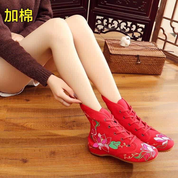 【Mandala】Chinese Style Autumn/Winter New High-Top Wedge Heel Embroidered Fabric Boots, Ethnic Style Oxford Sole Women's Single Boots