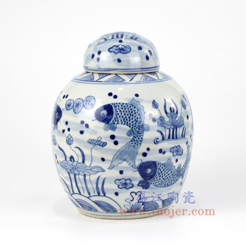 Jingdezhen Antique Ceramic Hand-Painted Blue and White Interlocking Lotus Fish Grass Pattern Pearl Jar, Blue Base Ice Prunus Lid Vase, Home Decoration