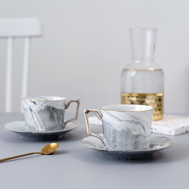 Nordic ins style gold marble coffee cup and saucer set gold edge marble afternoon tea black tea cup