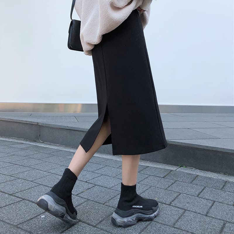 High-stretch Belly Support Spring/Autumn Maternity Wear Maternity Skirt Belly Support Skirt Slit A-line One-step Skirt Autumn/Winter Fleece-lined