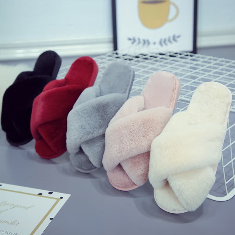 Cross Plush Slippers for Women Winter Foreign Trade Amazon Large Size Indoor Furry Flat Sole Floor Slides Open Toe Warm Cotton Slippers