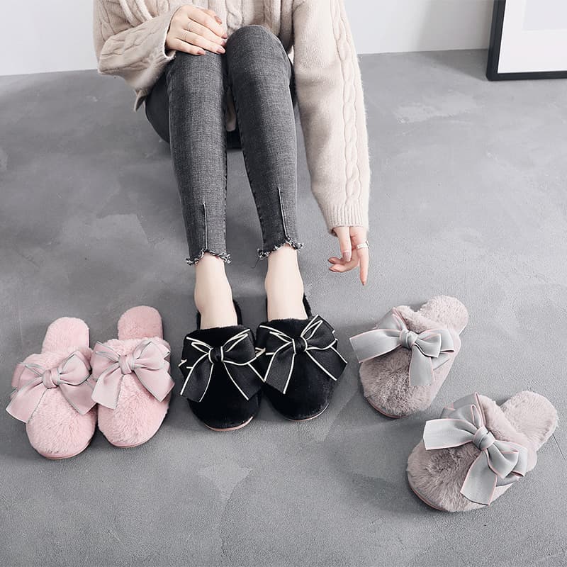 Korean-Japanese Style Bow Women's Slippers, Fashionable Home Plush Winter Women's Slippers, Plush Rubber Sole Slippers Wholesale