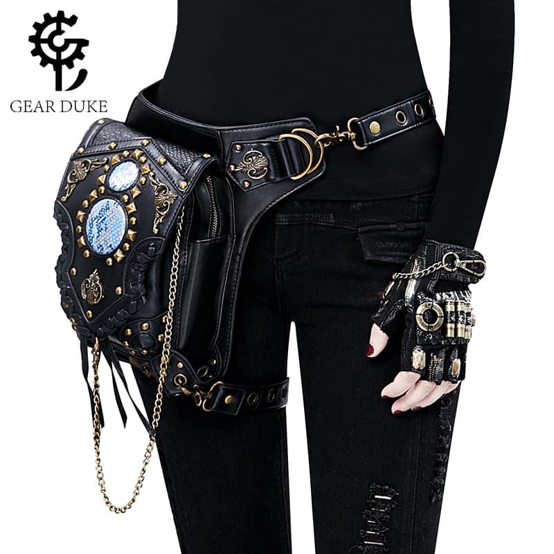 Fashionable Steam Punk Chain Crossbody Bag Unisex Single Shoulder Sling Bag Stylish Trendy PU Material Medium Size Bag