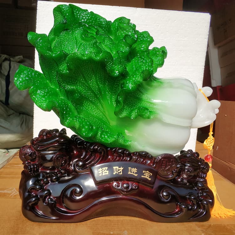 Jade Cabbage Gathering Wealth, All Wishes for Wealth Come True - Resin Craft Feng Shui Ornament E18 for Opening and Home Decoration