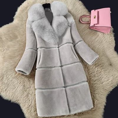 2025 Autumn Winter Korean Style Women's New Sheepskin Shearling Patchwork Coat Mid-Length Faux Fox Fur Collar Fur Jacket