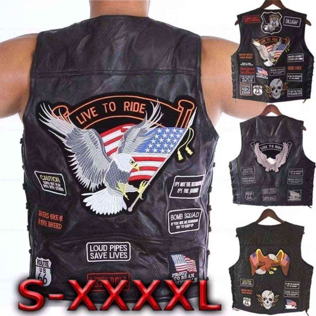 European and American Trendy Motorcycle Riding Vest Leather Vest Men's Leather Vest Embroidered Badge Plain Multiple Styles