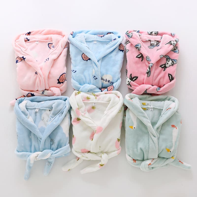 2025 Autumn/Winter Kids Bathrobe Flannel Hooded Pajama Robe with Tie Belt Cartoon Style Parent-Child Set