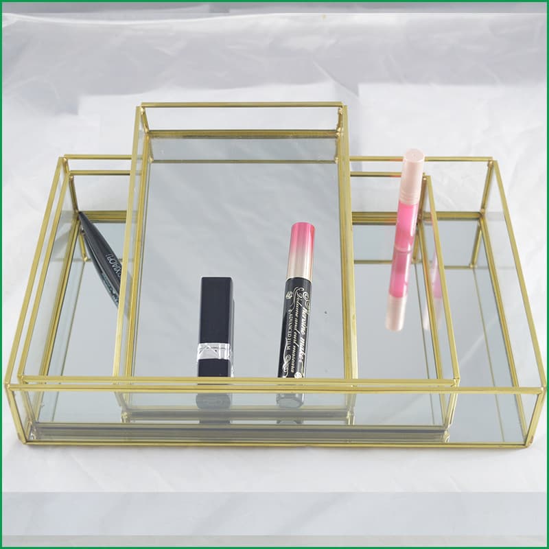 Glass Geometric Brass Ornament, Glass Decorative Storage Box, Pastry Tray, Fruit Tray, Living Room Organizer Tray