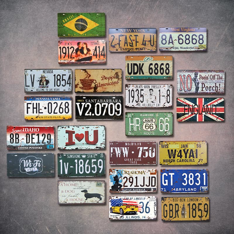 Retro-style license plate tinplate wall decorations, creative wall decorations for internet cafes, dormitories, and bars, wholesale tinplate plates.