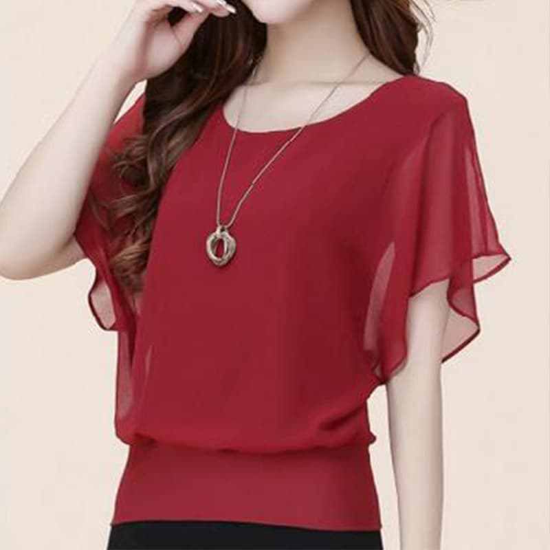 2025 Summer New Chiffon Blouse for Women Plus Size Slim Fit Short Sleeve Batwing Chiffon Top