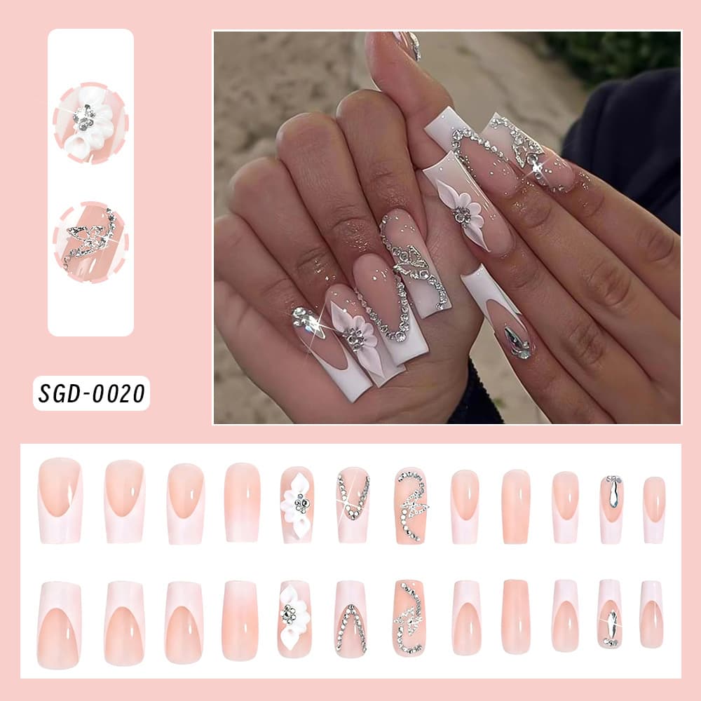 New Cross-border 24-Piece Boxed Long Ladder White Edge Nail Tips, 3D White Carved Rhinestone Press-On Nails, False Nails
