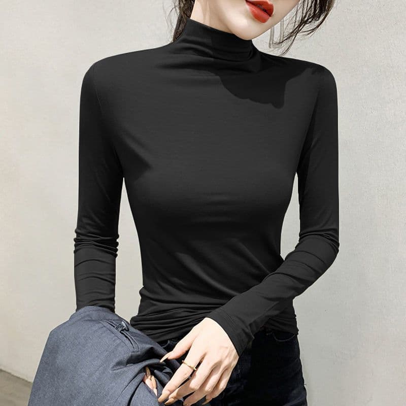 Women's Mock Neck Base Layer T-Shirt, Spring and Fall Versatile Slim Fit Long Sleeve Top, Black Slimming Outerwear 2025