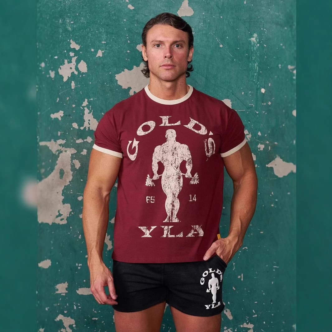 Youngla Gold's Summer New Men's T-shirt Cotton Slim Fit Short Sleeve Fitness Runners Breathable Crew Neck Letter Pattern
