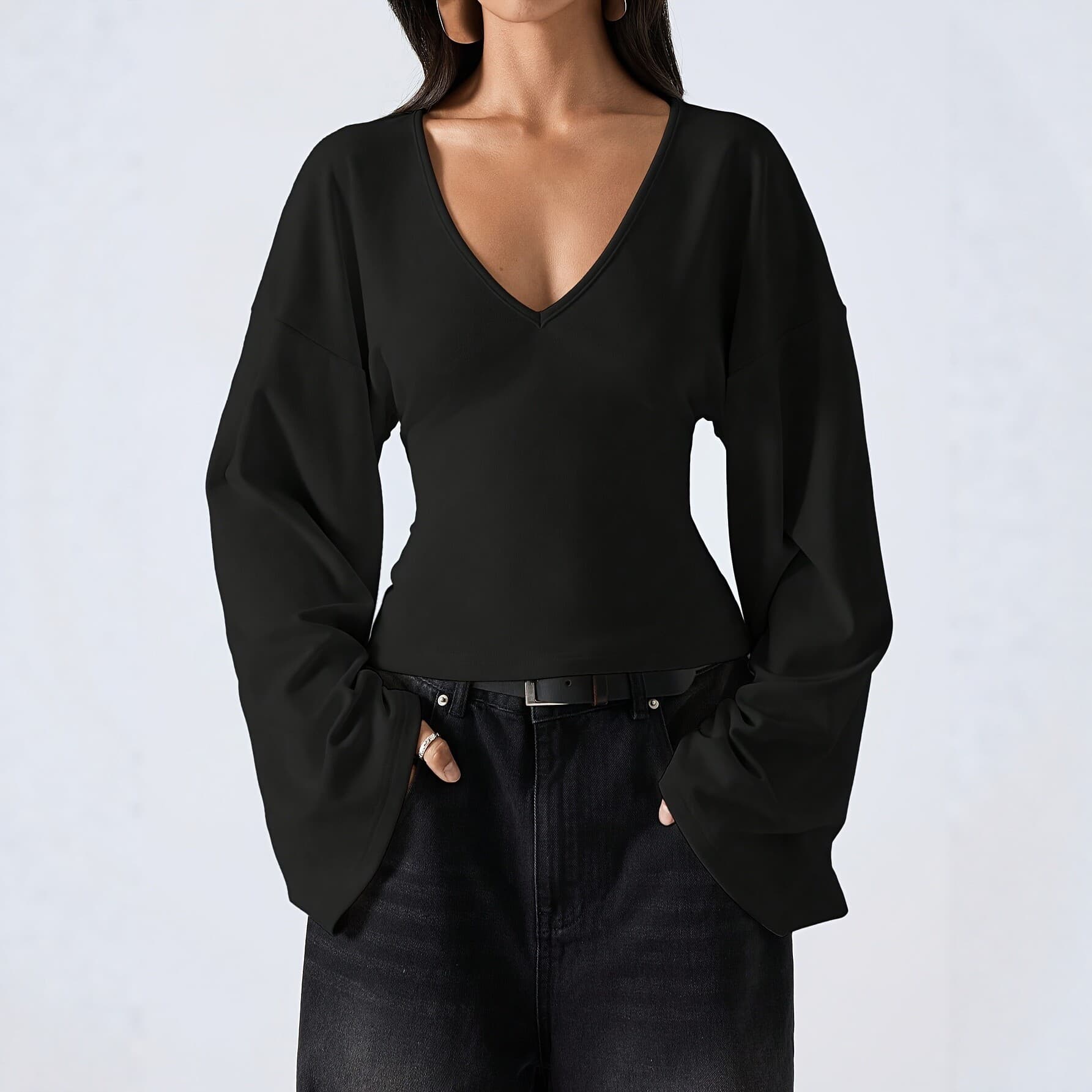 European and American style 2026 V-neck trumpet sleeve long-sleeved T-shirt women's solid color slim fit and temperament commuter top new style
