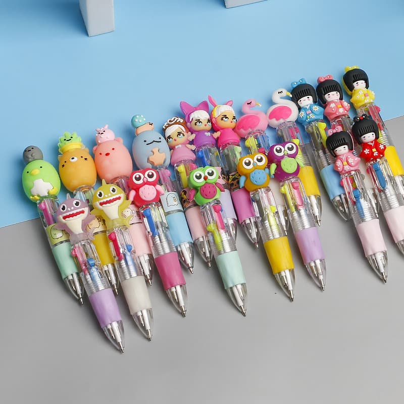 Cute Cartoon Mini Four-Color Ballpoint Pen Silicone Short Portable 4-Color Pen Student Handbook Multicolor Ballpoint