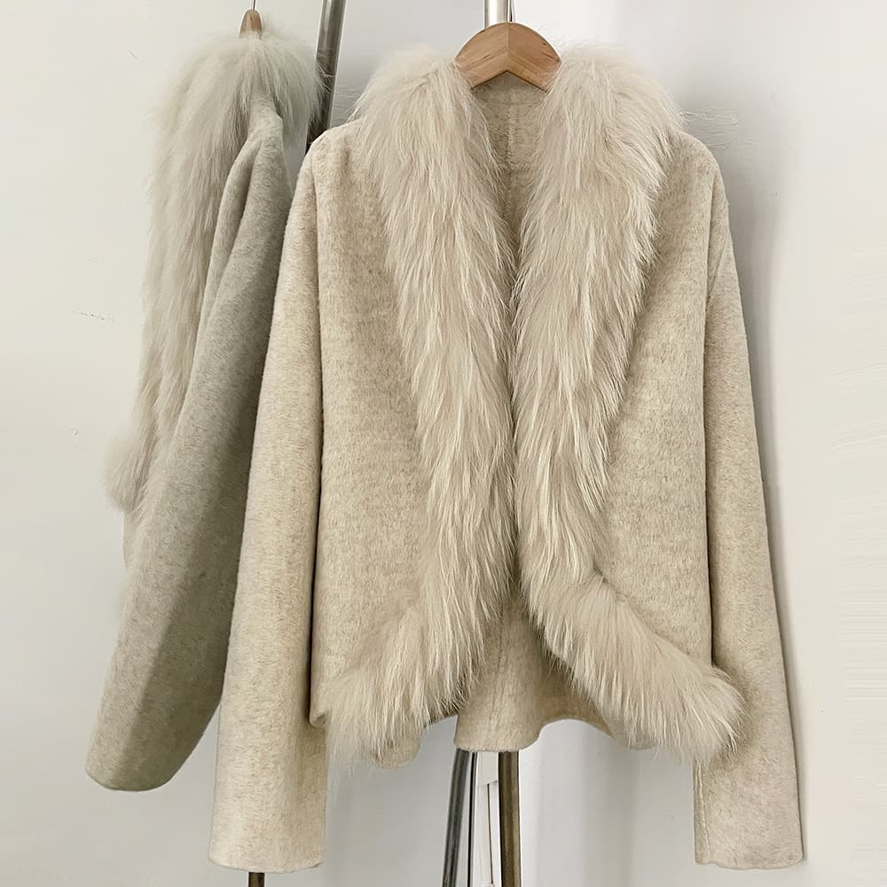 New Fall/Winter Real Raccoon Fur Placket Collar Double-Faced Wool Coat Women's Short Loose Fur Wool Overcoat