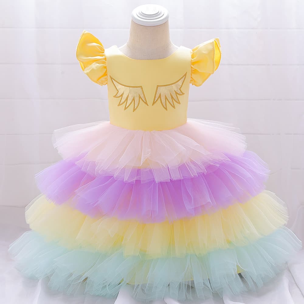 Baby Dress 2025 New Unicorn Ruffle Sleeve Dress Color Block Cake Tulle Puffy Princess Dress