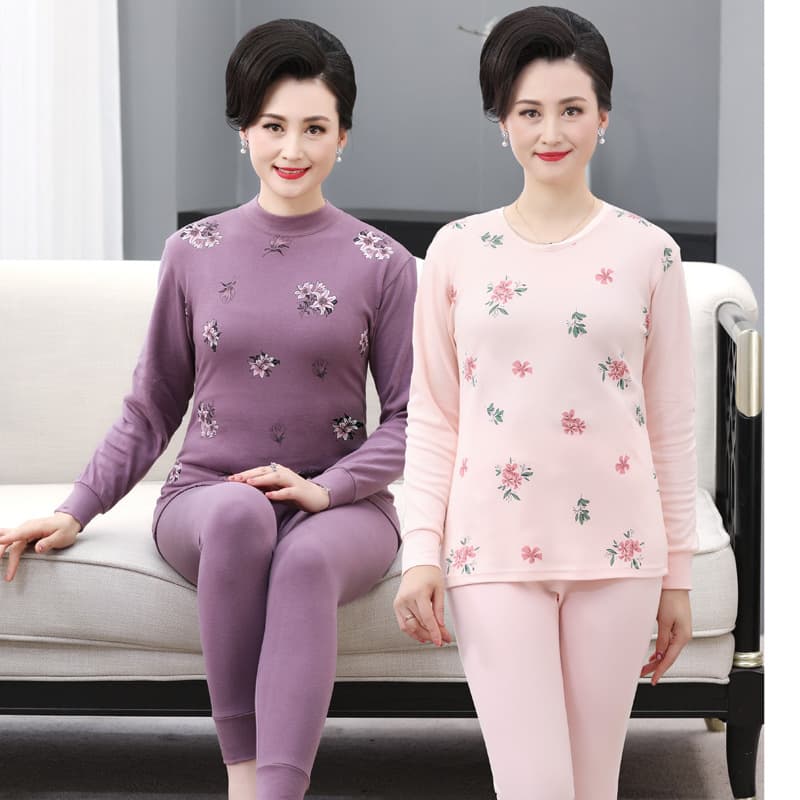 Middle-aged and elderly women's pure cotton thermal underwear set, old lady's autumn clothes and autumn trousers, half-high collar thermal linen clothes and linen pants