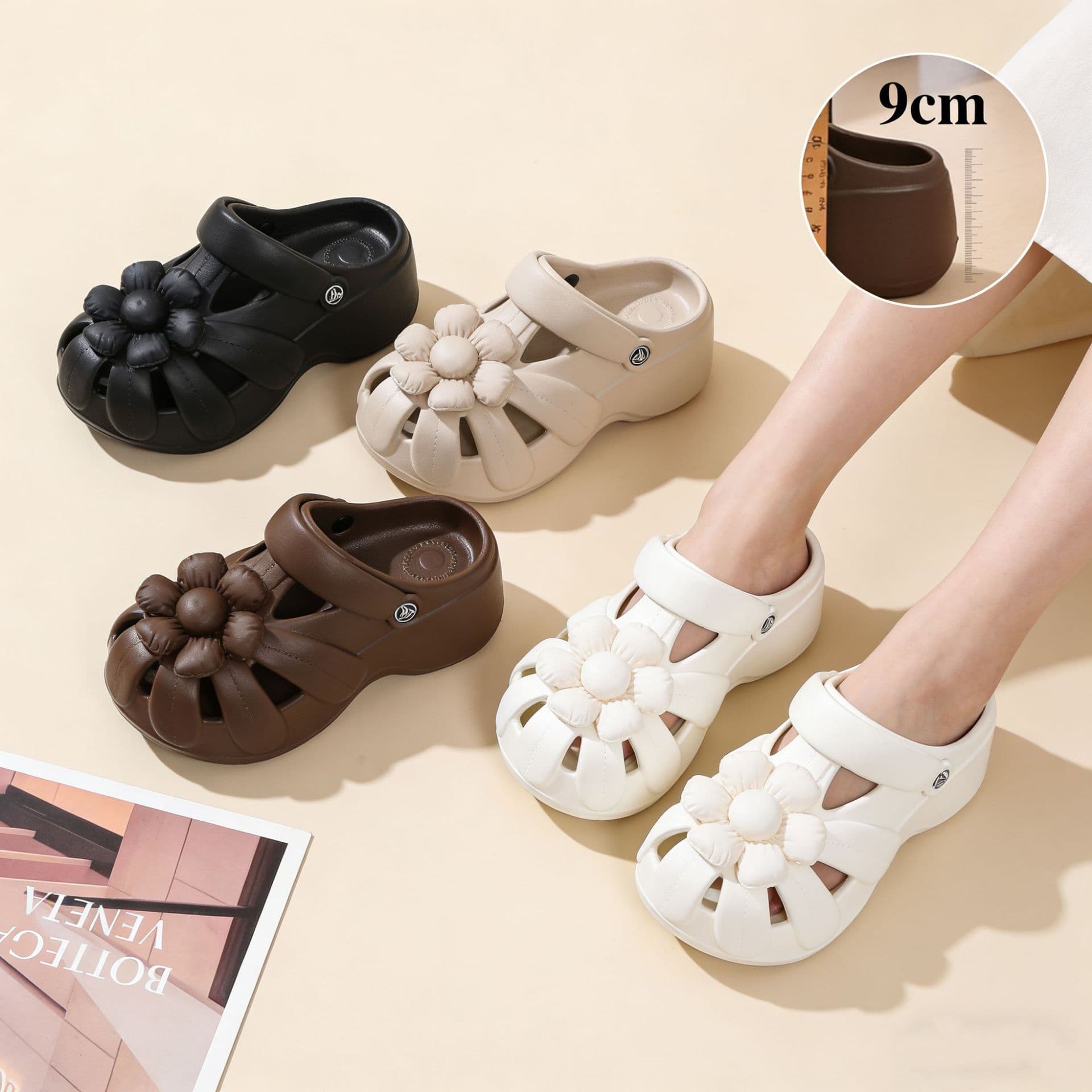 Summer Trendy 9cm Platform Flower Clog Sandals for Women, Thick Non-Slip Closed-Toe Slides, Factory Wholesale