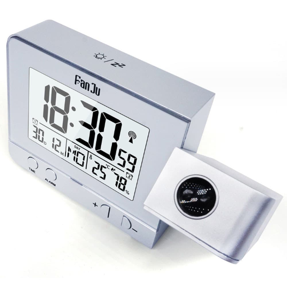 USB Charging Clock 3531, Silver Alarm with Time and Temperature Projection, LCD Screen Temperature Display