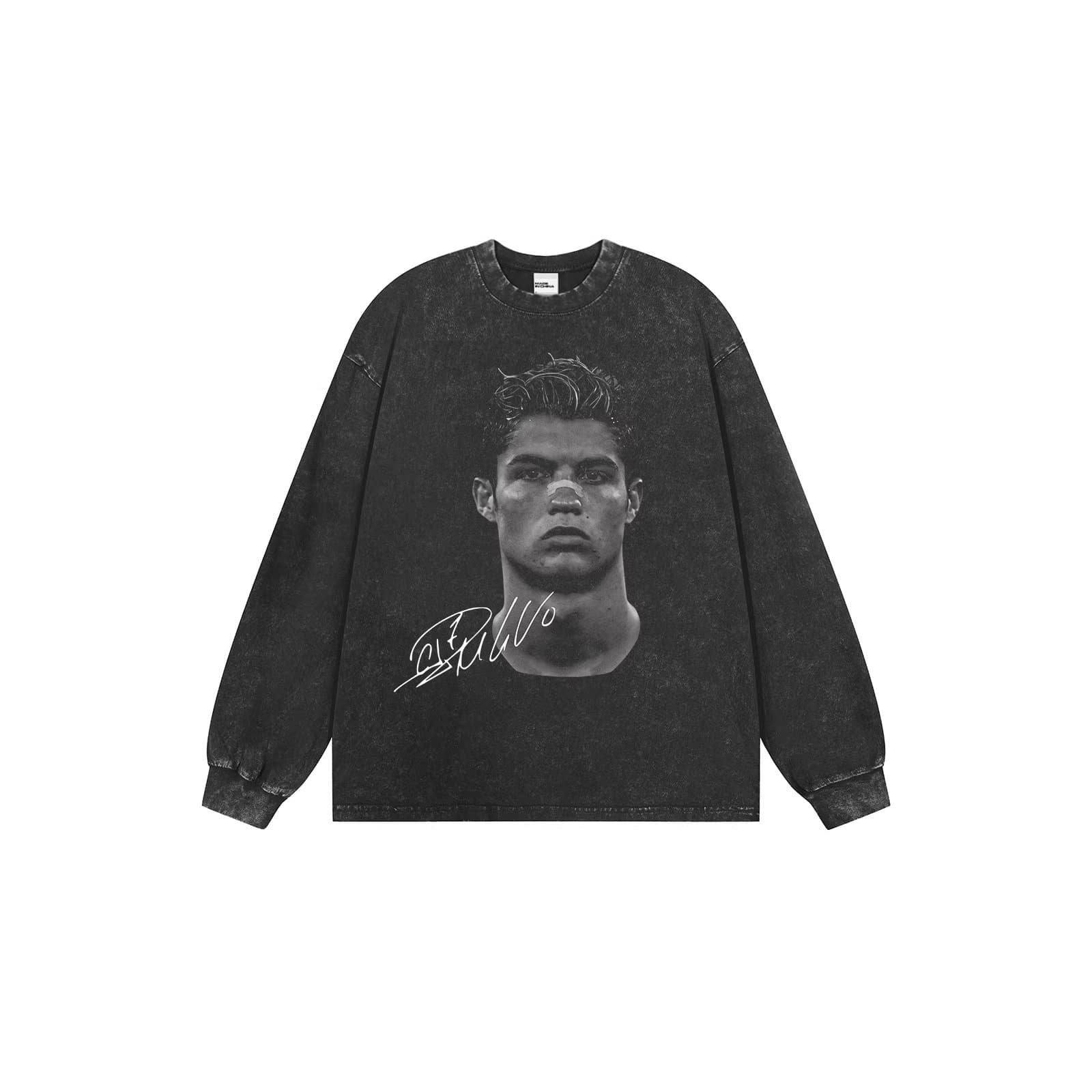 Cristiano Ronaldo American Street Print Heavy Cotton T-Shirt Vintage Washed Crew Neck