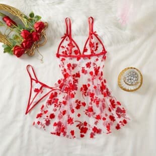 European and American Cross-border Sheer Mesh Print Sexy Sleepwear Women's Camisole Dress Sexy Pure Desire Style Summer New Lingerie Set