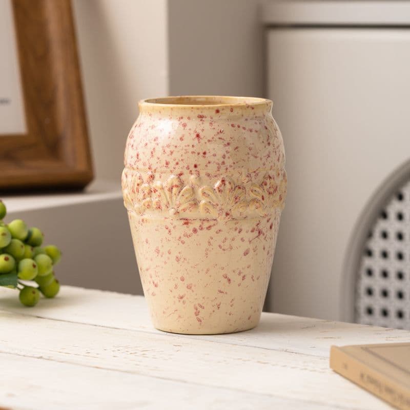 Succulent Ceramic Trendy Flower Pot, Desktop Outdoor Decoration, Breathable with Drainage Hole, Tall Cylinder Creative Design, Pink Speckle Glaze