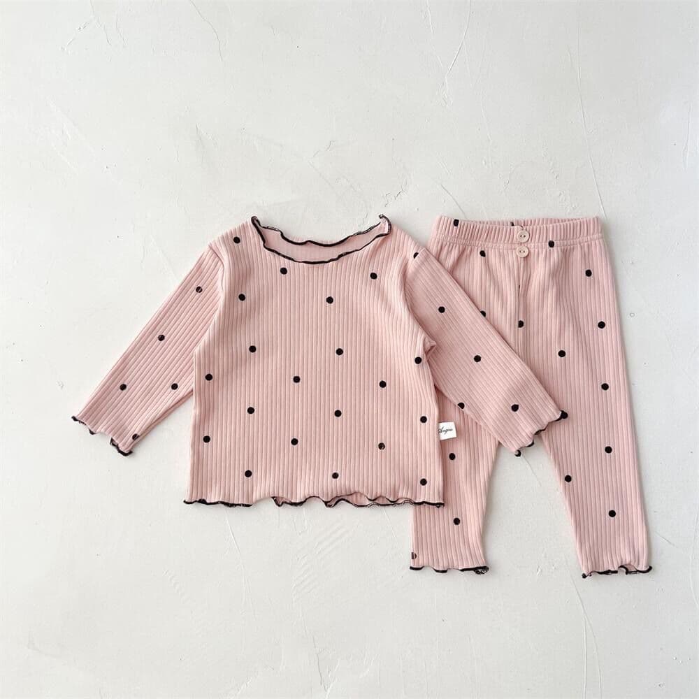 Spring/Autumn Korean Style Kids' Pajamas with Polka Dot Print and Ruffle Trim, Trendy Two-Piece Loungewear for Toddlers and Children, Long Sleeve