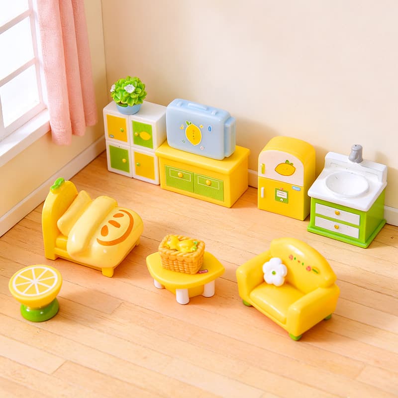 Miniature Lemon-Themed Furniture Set, Simulated Bedroom and Living Room Scenes, Resin Food and Play Miniature Ornaments