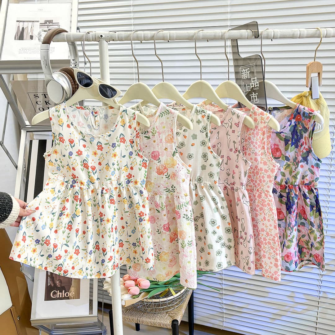 Girls Summer Thin Cotton Bubble Loose Sleeveless Vest Dress Baby Floral Casual Long Dress