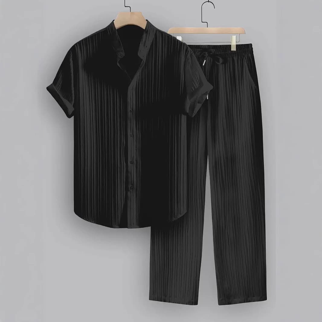 2025 Amazon Independent Site Cross-Border Foreign Trade Men's Striped Short-Sleeve Shirt with Buttoned Lapel and Drawstring Long Pants Set