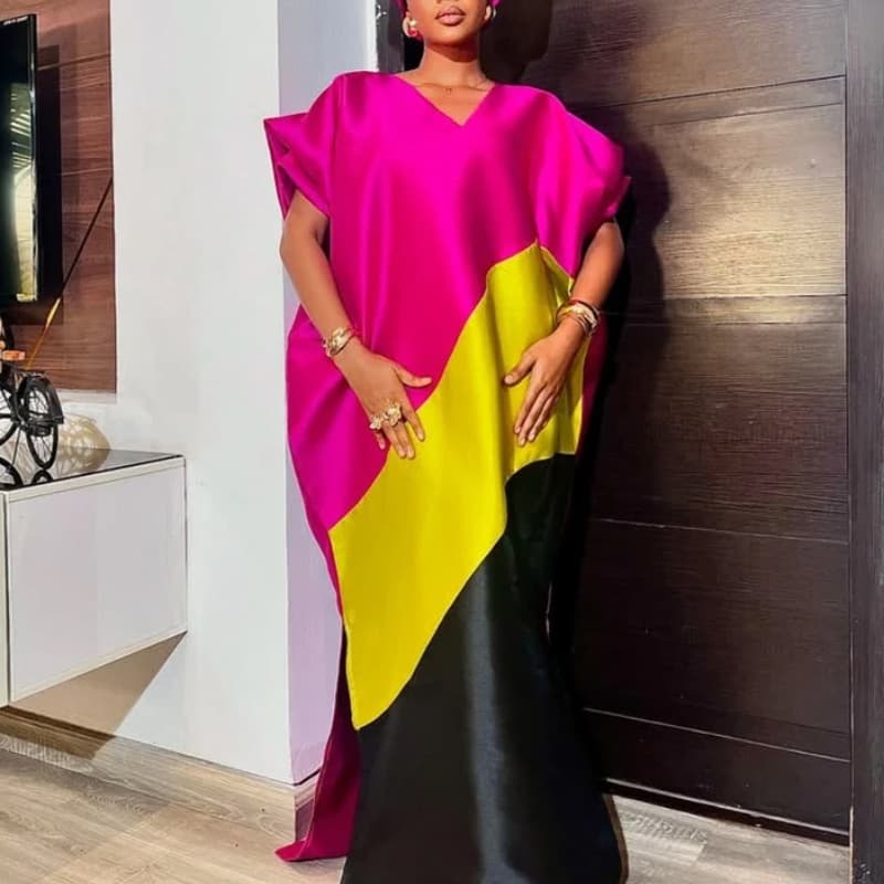 African Ethnic Style Party Dress V-Neck Batwing Sleeve Loose Contrast Color Satin Dress Gown Dresses