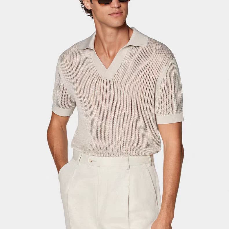 European Style Men's Stretch Loose Fit Polo Knit Short Sleeve Casual T-Shirt V-Neck Tee