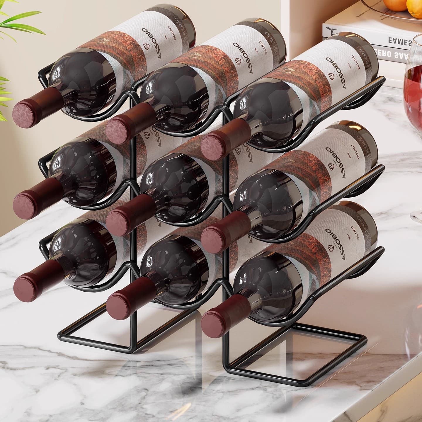 A sophisticated and luxurious wine rack, a wine cabinet with angled wine glass display racks and creative wine trays.