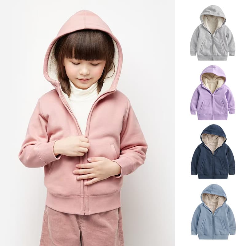 Thickened Lamb Velvet Winter Jacket for Kids Unisex Windproof Hooded Zipper Soft Polyester Fiber V-Neck Long Sleeve Coat