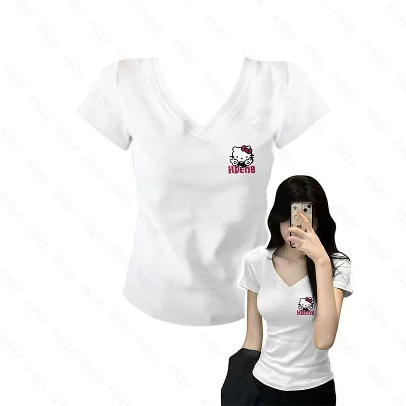 Printed slim student V-neck right shoulder short-sleeved T-shirt for women milk blue dopamine wear slim simple cotton top for women