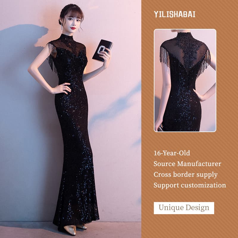 Black Evening Dress Women 2026 New Style Elegant Annual Host Socialite Fishtail Long Formal Gown