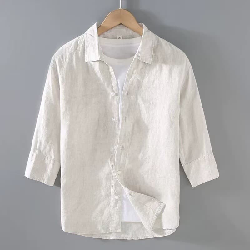 Beach Breathable White Long-Sleeve Linen Shirt for Men, Casual Thin Slim Fit Youth Loose Sun-Protection Linen Top