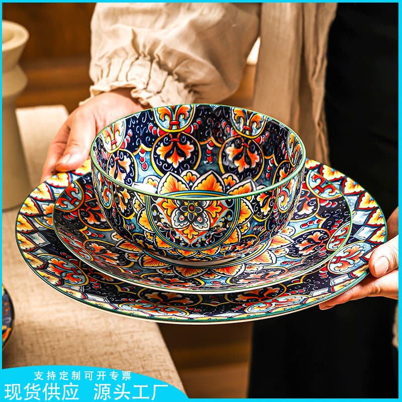 Porcelain Bowl Ramen Bowl Beautiful Bowl Porcelain Cross-Border Bohemian Microwave Oven Special Bowl Set Oatmeal Bowl Plate