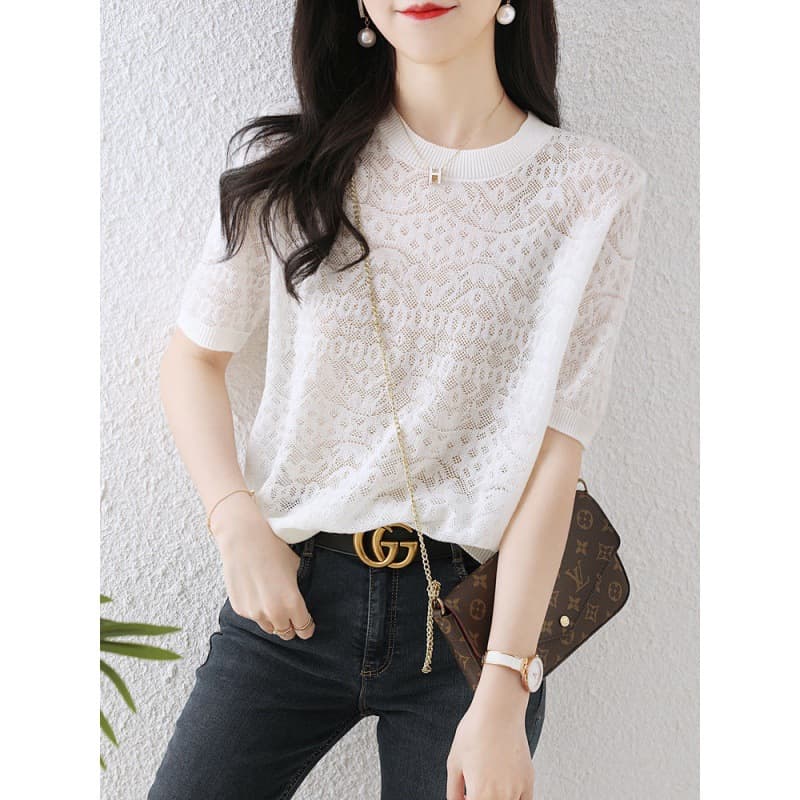 2026 Summer New Women's Hollow Ice Silk Knitted T-Shirt Thin Casual White Short Sleeve Top