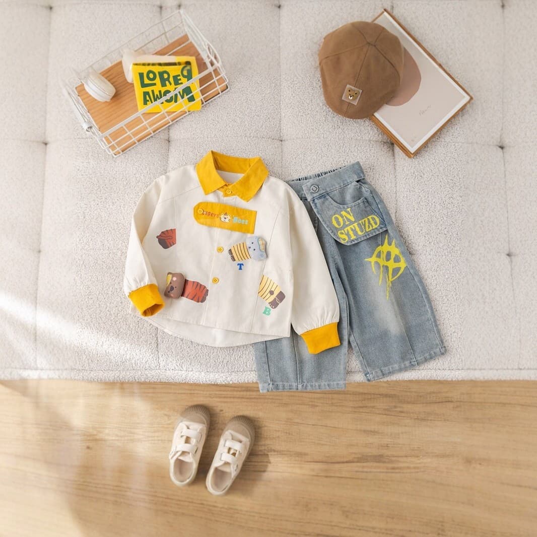 Kids Cartoon Tiger Shirt Jeans Set Boys Spring/Fall Stylish Two-Piece Fashion Kids Clothing