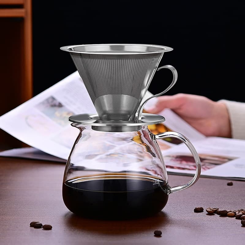 Glass Coffee Pot Handle with Base, Reusable Filter Mesh for Coffee and Tea, No Paper Filter Needed