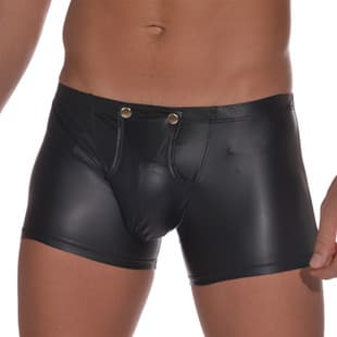PU Leather Men's Boxer Briefs, Faux Leather Sexy Underwear, U-Shaped Pouch Underwear, Button Detachable Low-Rise Open Front Briefs