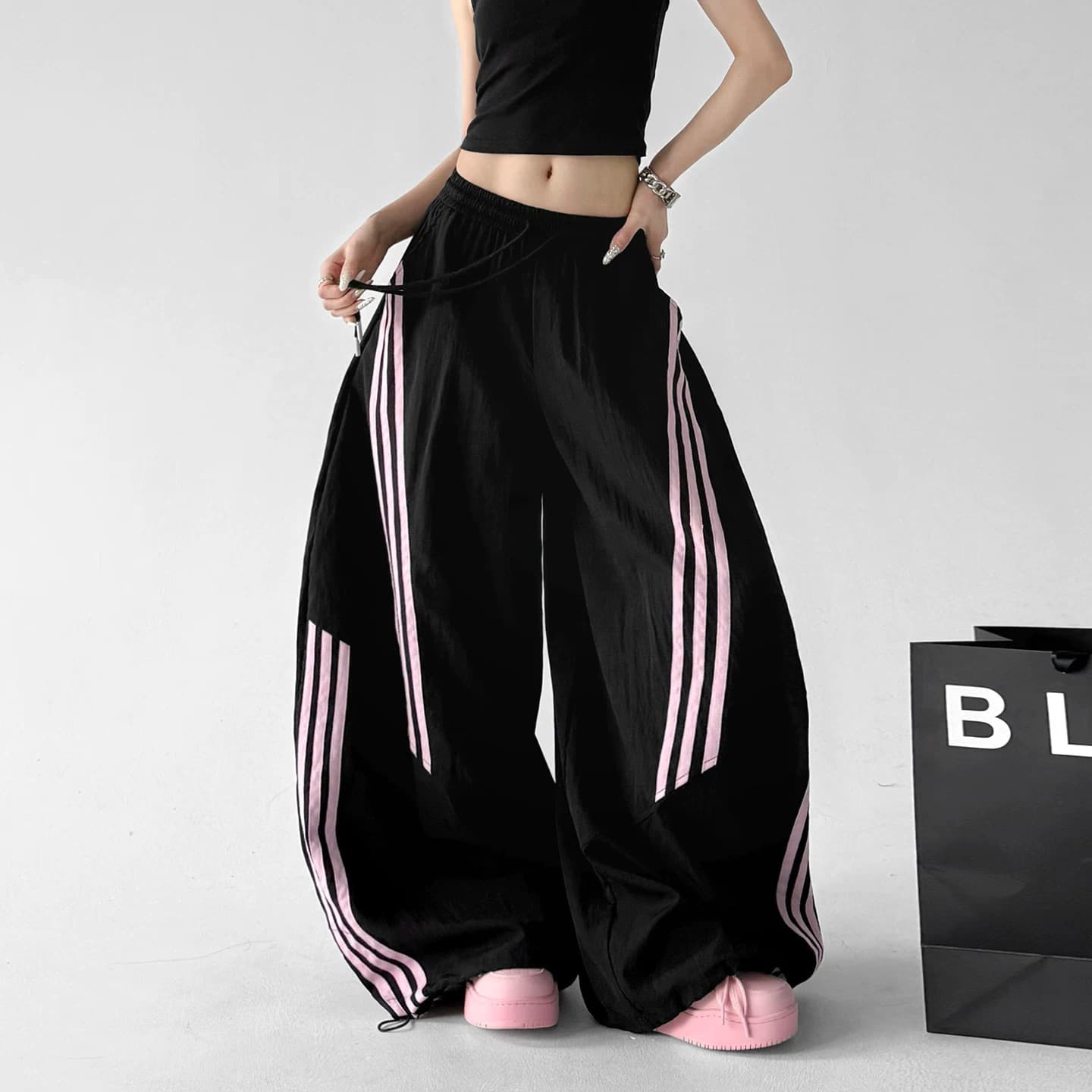 Women's Sweatpants 2026 Spring/Summer New Striped Wide Leg Pants Black Design Loose Straight Casual Pants