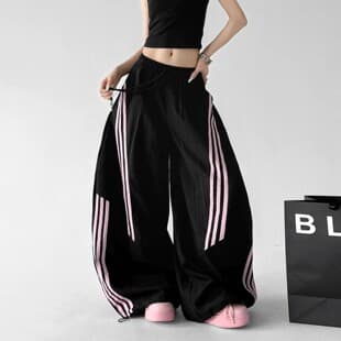 Women's Sweatpants 2026 Spring/Summer New Striped Wide Leg Pants Black Design Loose Straight Casual Pants