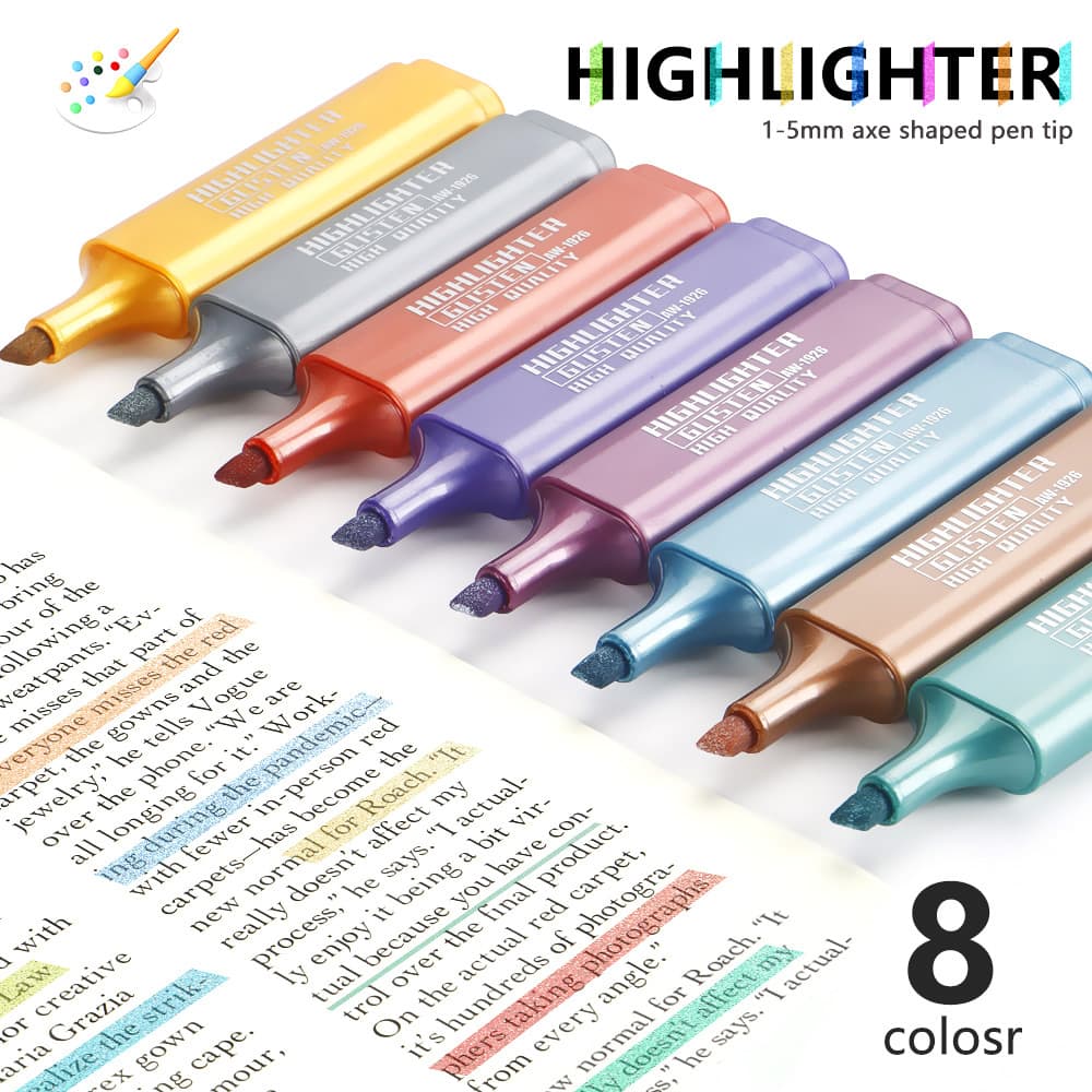 Glitter Metallic Highlighter Pens for Students, Study Marking, Colorful Marker Pens, Highlighter with Chisel Tip, Glitter Pens