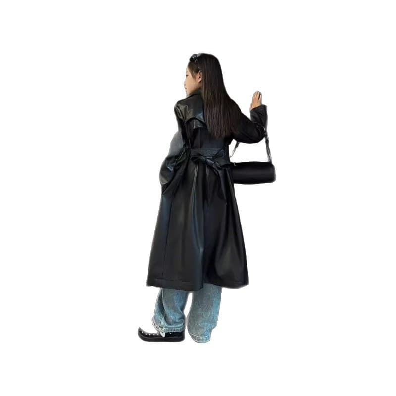 Girls' PU Leather Coat 2025 New Style, Mid-Length Trench Coat for Older Girls, Trendy Fall Outerwear